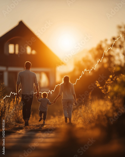 Family's Dream Home: A family walks hand-in-hand towards their dream home at sunset, symbolizing growth, prosperity, and the pursuit of happiness with a rising graph overlaid.