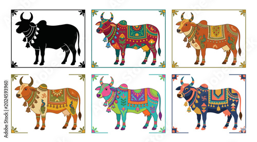 Quadro su tela Indian cow illustrations with decorative patterns on transparent background