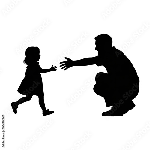 Photos Happy little daughter running to her father with open arms silhouette, vector fa