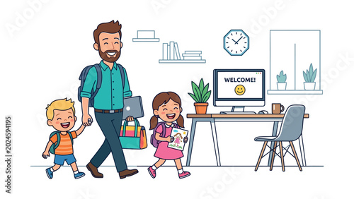 Man walking with two school children.