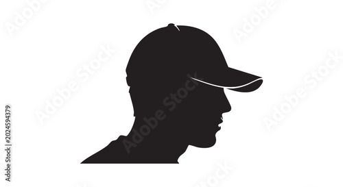 Profile silhouette of young man wearing baseball cap facing right side isolated on white background for graphic design.