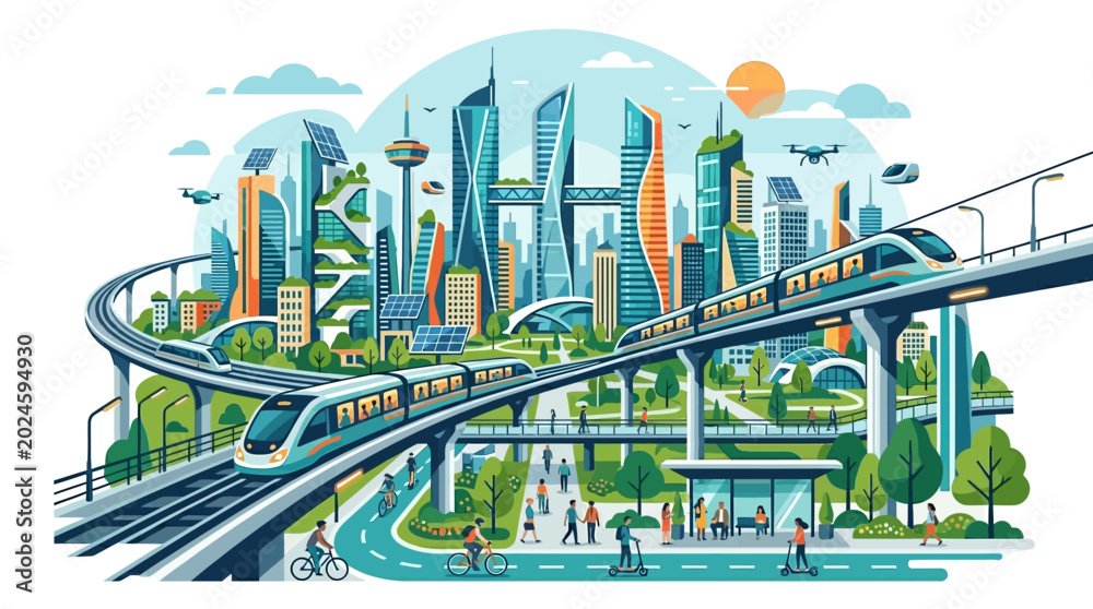 Fototapeta premium A vibrant cityscape with a futuristic elevated train system and people walking and cycling in a modern urban environment