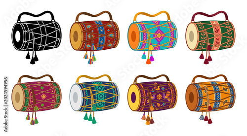 Schilderij op canvas Indian dhol drum set colorful variations on transparent background