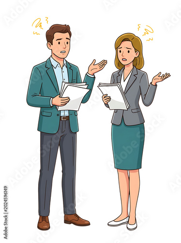 Confused business colleagues with papers, transparent background