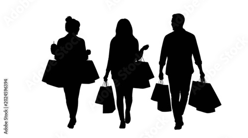 Obraz na płótnie Three people walking with shopping bags silhouette isolated on transparent backg