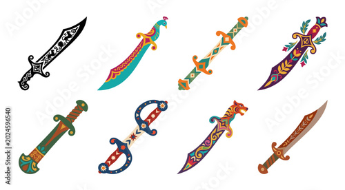 Foto ornate daggers and kris knives colorful vector illustration on white background