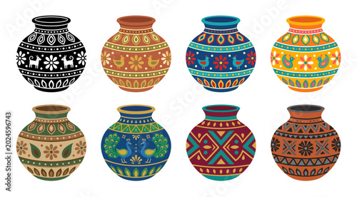 Foto collection of colorful patterned clay pots vector illustration