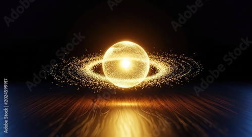 Glowing golden particles swirl around a radiant light sphere floating above a dark wood surface, creating an ethereal cosmic fantasy scene, energy, shine, sparkle