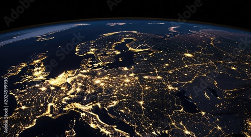 Glowing nocturnal view of a vast continental landmass featuring shimmering vibrant golden city lights connected by a network of urban grids, radiance, nocturnal, darkness