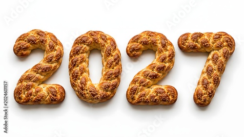 Quadro su tela Baked bread numbers 2027 made from braided challah on white background