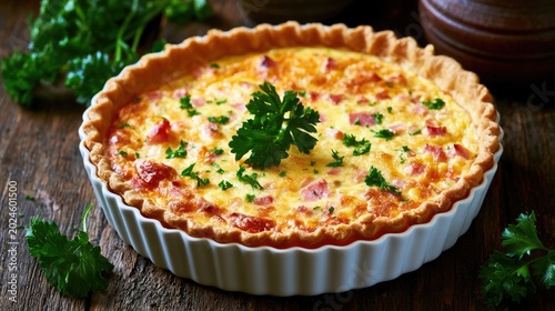 Homemade Quiche Lorraine with Cheese and Bacon on Rustic Table