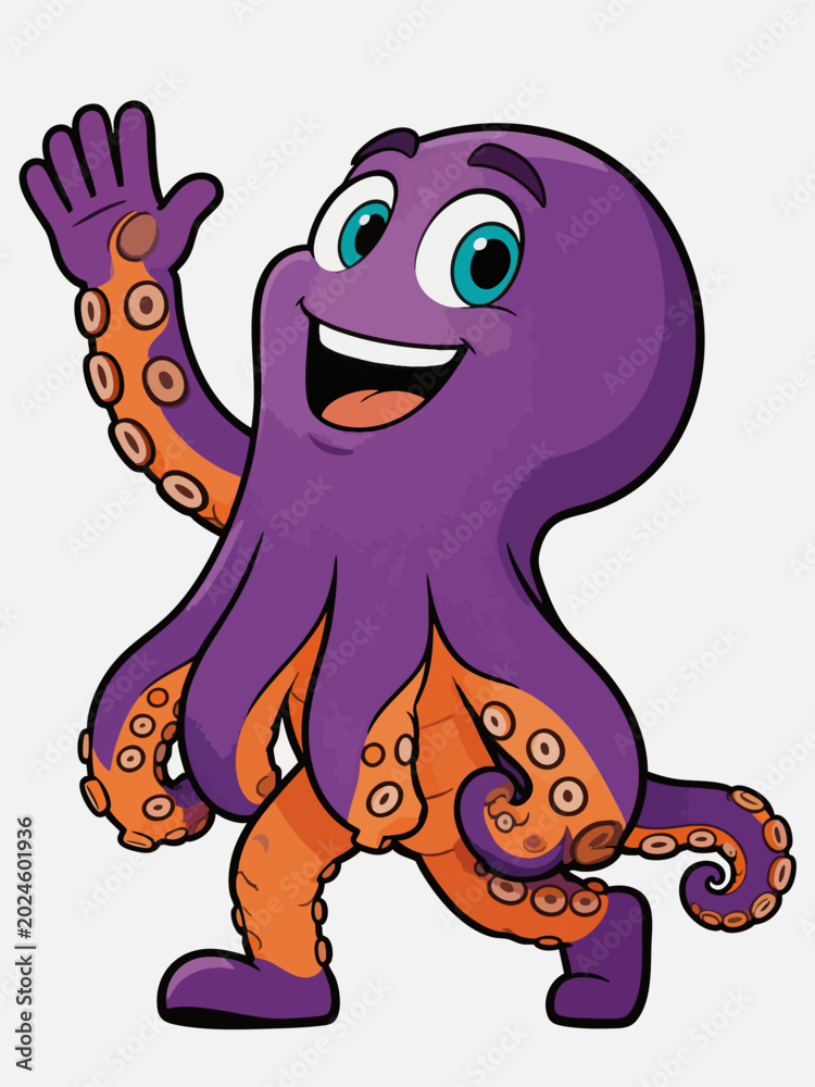 Obraz premium Cheerful Cartoon Purple Octopus Mascot Waving