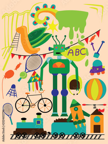 Set of children`s toys colored background poster