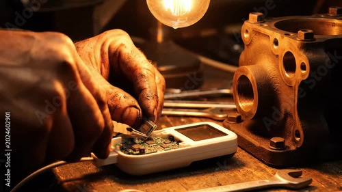 In a cozy workshop filled with the glow of warm light, hands delicately work on intricate electronic parts, combining skill and precision.