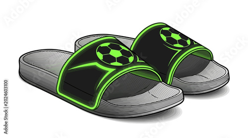 Sporty Flip-Flop Sandals Pair, Soccer Theme, Summer Vibes, Graphic Illustration, Fun Environment, Stylish Viewpoint