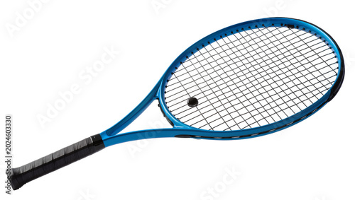 Foto Isolated blue tennis racket with black grip and strings, professional sports equ