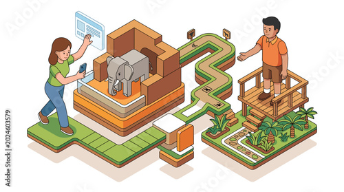 Isometric Augmented Reality Zoo Experience with Elephant and Guide