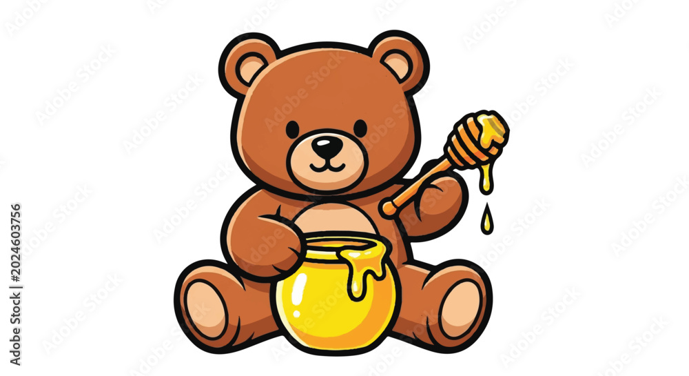 Fototapeta premium Cute Teddy Bear Holding Honey Pot and Dipper.