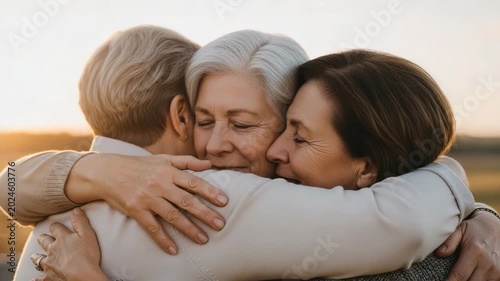 Elderly women hugging with happiness in a warm outdoor setting  
