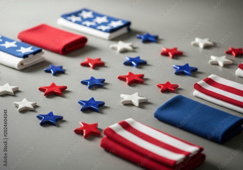 Fototapeta premium July independence day decorations american flags stars on gray surface