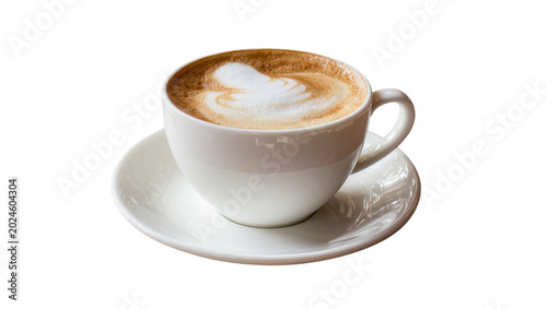 Obraz na plátně Isolated cappuccino coffee cup with heart latte art on saucer, delicious morning