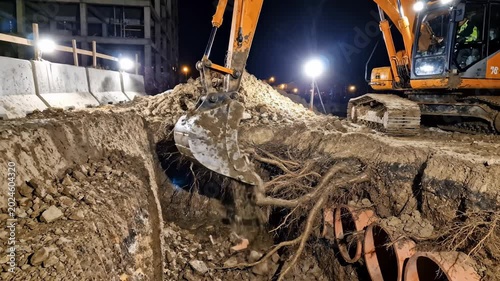Heavy machinery works diligently under a starry night, unearthing earthy soil and revealing complex roots. The scene captures the essence of labor, transformation, and nature's hidden depths.
