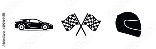 Foto Car racing icon set with sports car silhouette checkered flags and racing helmet