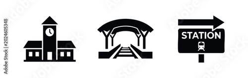 Fotografía Railway station icons including clock tower building tracks and platform sign