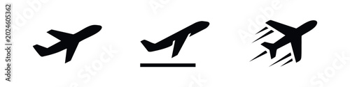 Vászonkép Airplane icons set showing takeoff landing and high speed flight silhouettes