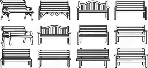Photos Black and white line drawing of antique chairs and benches Vector