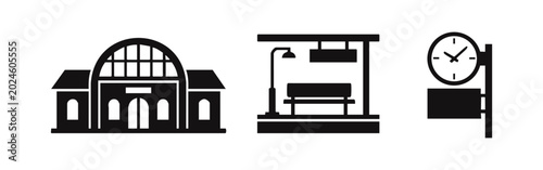 Obraz na plátne Train Station Building, Platform and Public Clock Silhouette Icon Set