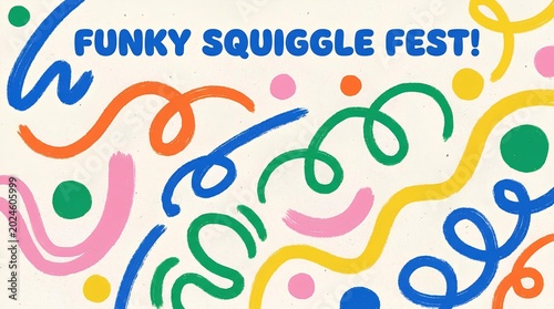 Funky colorful bold squiggles, thick curved loop lines with circles