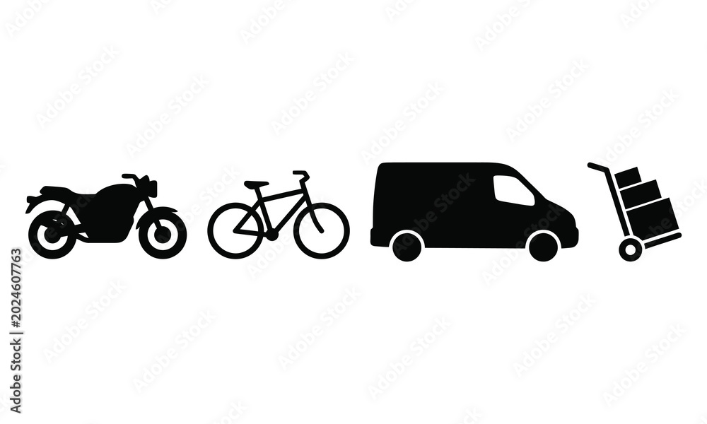Naklejka premium Collection of transportation icons including motorcycle, bicycle, van, and hand truck on white.