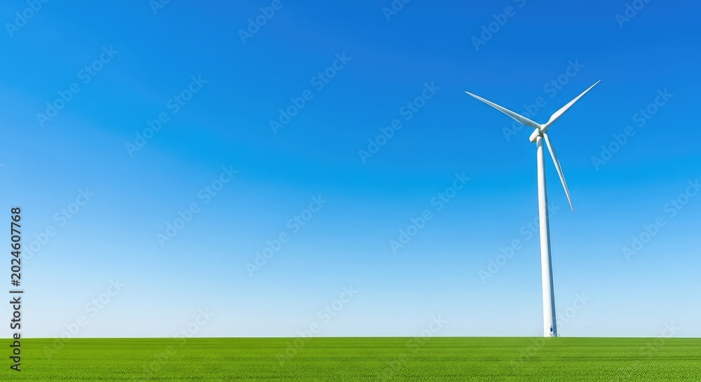 Fototapeta premium A majestic wind turbine rises above a lush green meadow, harvesting renewable energy beneath a vast, cloudless blue sky on a bright day, hillside, green energy, electricity
