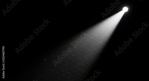A powerful single white spotlight beam cutting through total darkness with glowing dust motes floating within the sharp cone of light, sharpness, bright, studio