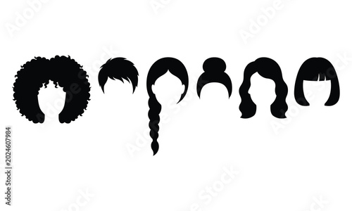 Variety of female hairstyles in silhouette, including afro, braid, bun, and bob cuts.