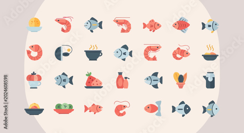 Colorful flat icon set of various food items