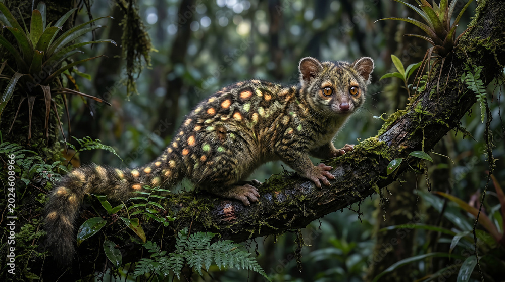 Fototapeta premium Spotted Cuscus Possum Resting on Mossy Tree Branch in Tropical Rainforest