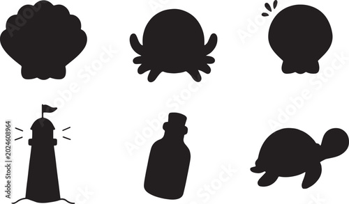 Marine Life and Nautical Silhouette Icon Set Vector