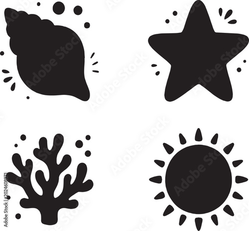 Hand Drawn Summer Ocean Silhouette Icon Set Doodle Vector