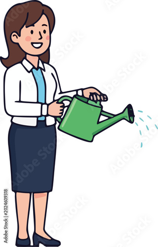 Smiling Businesswoman Pouring Water from a Watering Can