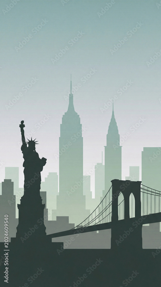 Fototapeta premium misty new york skyline poster with statue of liberty and bridge