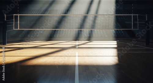 Dramatic light beams illuminate a silent volleyball court with a net, showcasing the glossy wooden surface and sharp shadows in the arena, wood, hardwood, sports