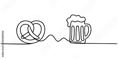 Tableau sur toile Continuous line drawing of pretzel and beer mug with foam, symbol of bavarian festival celebration food and drink, Bavarian Feast Scene