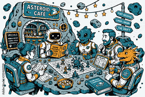Fotografia Funny futuristic asteroid cafe with aliens and robots enjoying food and drinks V