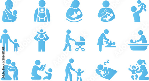 Obraz na płótnie Parenting and baby care icons set depicting family life activities with newborns and kids