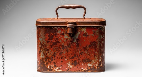 This weathered rectangular metal canister features a classic top handle, a secure screw cap, and an authentic rusted patina for old charm, weathered, container, decor