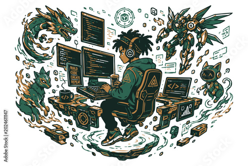 Foto Gamer hacker sitting at a futuristic tech workspace with digital pets Vector