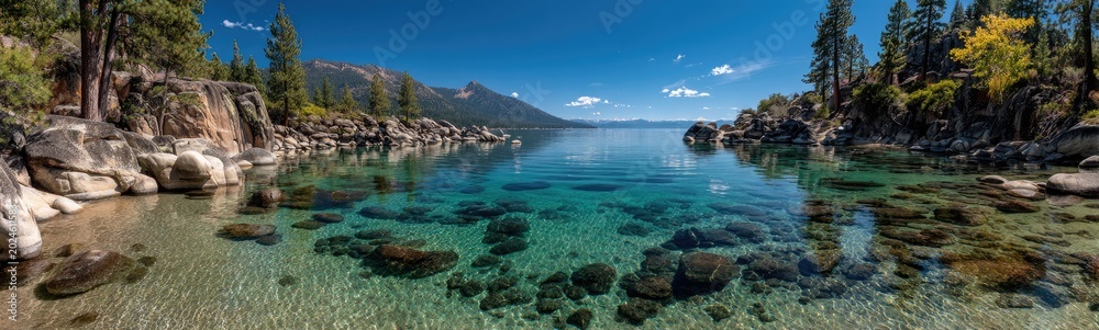 Fototapeta premium Clear Lake Tahoe Shoreline with Rocky Beach and Pine Trees.