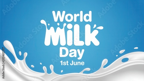 World Milk Day poster with 1st June text and milk splashes on blue background